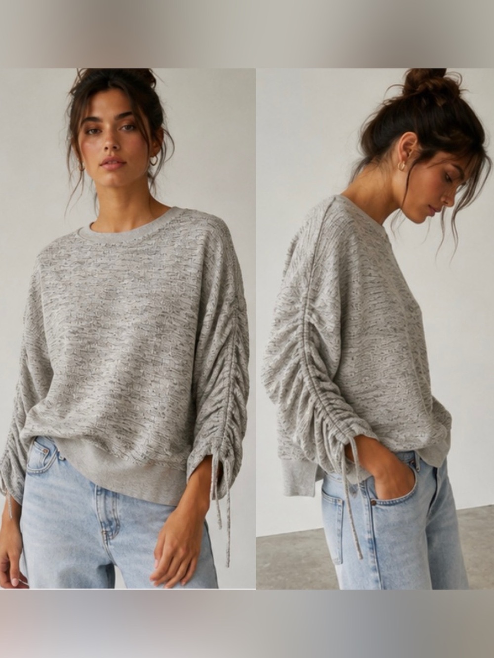 Anthropologie Eri + Ali Textured Ruched Drawstring Sleeve Pullover Sweatshirt